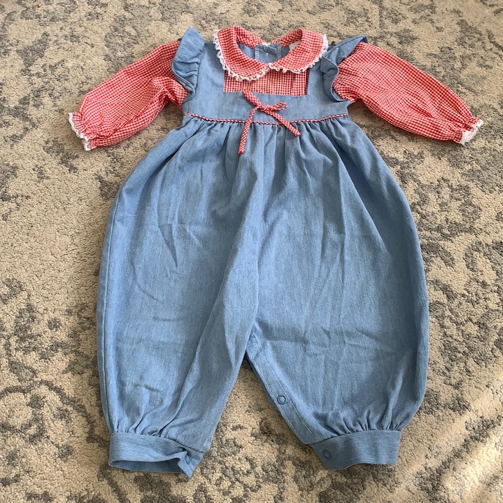 Girls Vintage Red Plaid & Chambray Outfit 9M